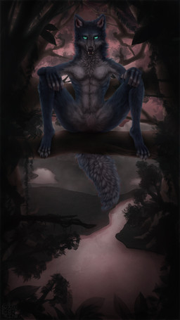 ambiguous_gender anthro fur looking_at_viewer meditation nude open_mouth solo sunset felidire canid canine canis coyote fox hybrid mammal wolf 4k 9:16 absurd_res hi_res