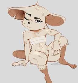 anthro big_ears big_head black_eyes bodily_fluids chest_wraps crotch_tuft eyebrows female looking_at_viewer notched_ear nude nude_female one_eye_closed sitting solo sweat tail tuft wraps cinder_katt mina_the_hollower yacht_club_games mina_(mina_the_hollower) mammal mouse murid murine rodent absurd_res hi_res