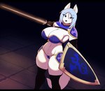 anthro armor big_breasts bikini_armor black_bars blue_eyes blue_hair breasts camel_toe cleavage clothed clothing female fighting_pose fur hair holding_melee_weapon holding_object holding_shield holding_sword holding_weapon huge_breasts knight legwear melee_weapon pose shield solo sword thick_thighs thigh_highs unconvincing_armor warrior weapon white_body white_fur matypup canid canine canis mammal wolf hi_res letterbox