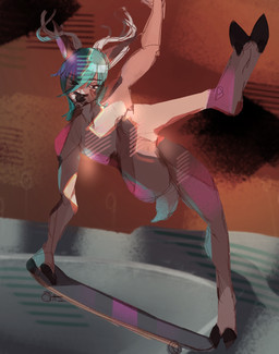 anthro antlers blue_hair hair horn male skateboard skateboarding skating solo vehicle samedi nugamus deer mammal hi_res