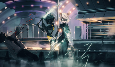 anthro attack black_hair blood blue_eyes bodily_fluids clothed clothing detailed_background energy female group hair holding_melee_weapon holding_object holding_sword holding_weapon katana melee_weapon standing sword weapon white_hair yellow_eyes fruitbloodmilkshake bat domestic_cat felid feline felis mammal absurd_res hi_res