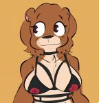 anthro big_breasts breasts brown_body brown_fur clothing female fur hair lingerie simple_background smile solo gabbah petunia_(gabbah) bear mammal 2018 digital_media_(artwork) hi_res