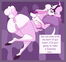 4_arms animal_genitalia animal_vulva anthro anus big_butt bodily_fluids breasts butt candle candle_on_head caprine_genitalia caprine_vulva colored_fire drooling female fire fluffy fluffy_hair fluffy_tail genitals hair hooves horn multi_arm multi_eye multi_limb nipples open_mouth pillow pink_anus pink_fire pink_nipples pink_vulva saliva solo speech_bubble tail talking_to_viewer text thick_thighs tired vulva white_body ikakins hellaverse helluva_boss belphegor_(helluva_boss) bovid caprine caprine_demon demon goat_demon mammal english_text hi_res