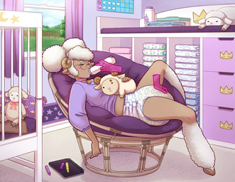 anthro barebum_(diaper) blush blush_lines bodily_fluids bottle chair changing_table clothed clothing container crib diaper drawing_pen female furniture genital_fluids hooves notebook nursery peeing plushie potty_chart sitting sleeping solo space_(diaper) unclean_diaper urine used_diaper wet_diaper ahbagels abuniverse barebum_(abuniverse) space_(abuniverse) june_(lavenderlamb) bovid caprine mammal sheep hi_res