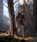 2018 anthro backpack barefoot biped black_nose blue_eyes building canid canine canis clothed clothing cloud coyote day detailed_background digital_media_(artwork) digitigrade feet hi_res jacket kohi_(waruikoohii) lofi male mammal outside plant sky smile solo standing topwear tree tripod