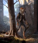 anthro backpack barefoot biped black_nose blue_eyes building clothed clothing cloud day detailed_background digitigrade feet jacket male outside plant sky smile solo standing topwear tree tripod lofi kohi_(waruikoohii) canid canine canis coyote mammal 2018 digital_media_(artwork) hi_res