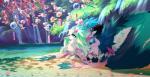 2019 akitamonster amazing_background beach big_tail cherry_blossom cherry_blossom_tree cherry_tree clothed clothed_feral clothing colorful_theme day detailed detailed_background digital_media_(artwork) elnin eyelashes female female_feral feral flower fluffy fluffy_tail fruit_tree green_hair hair horn hybrid lying mammal outside pawpads paws pink_flower pink_horn plant purple_eyes quadruped sand solo tail tree water waterfall wind_chime