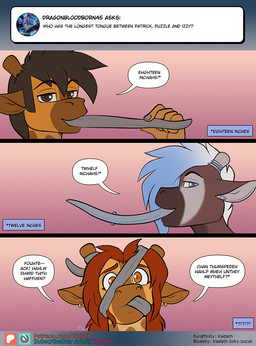 anthro female male piercing tongue tongue_piercing conditional_dnp kadath izzy_(kadath) patrick_(kadath) puzzle_(kadath) giraffe giraffid mammal okapi hi_res