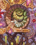 ambiguous_gender antennae_(anatomy) anthro black_nose branch brown_eyes copyright_symbol fur gastropod_shell gear green_slime light_bulb machine mollusk_shell pink_tongue shell solo spiral symbol teeth text tongue tongue_out wheel white_body white_fur chuck_lukacs hasbro magic:_the_gathering wizards_of_the_coast arthropod bee canid canine canis domestic_dog gastropod hybrid hymenopteran insect mammal mollusk snail 2017 artist_name official_art