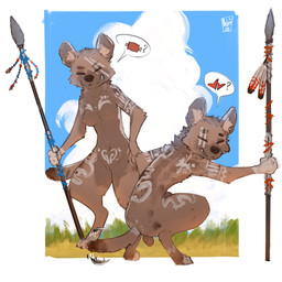 anthro areola balls biped breasts butt crouching day duo female fur genitals male nipples nude nude_anthro nude_female nude_male outside rear_view smile standing tail vulva oxfort2199 hyena mammal absurd_res hi_res