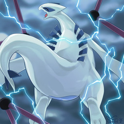 abstract_background ambiguous_gender back_spines electric_shock electricity eyes_closed featureless_crotch feral long_neck midair open_mouth pain rear_view restrained solo spiked_tail spikes spikes_(anatomy) tail tailbutt thick_tail thick_thighs wide_crotch cotora nintendo pokemon pokemon_the_movie_2000:_the_power_of_one generation_2_pokemon legendary_pokemon lugia pokemon_(species) 1:1 2021 hi_res
