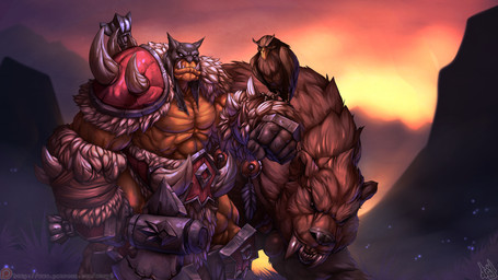 armor axe black_nose bracers brown_body brown_fur duo fantasy_sword fantasy_weapon female fur male mask melee_weapon mountain muscular muscular_male orange_sky sky tusks weapon atryl blizzard_entertainment warcraft misha_(warcraft) rexxar avian bear bird humanoid mammal orc 16:9 2016 hi_res widescreen