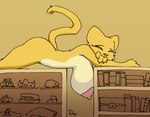 anthro big_breasts bookshelf breasts female fur furniture hanging_breasts huge_breasts lying nipples on_front shelf sleeping solo yellow_body yellow_fur zokva microsoft prequel_adventure the_elder_scrolls katia_managan felid khajiit mammal