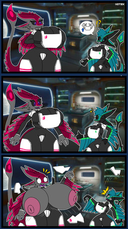 3_fingers 4_ears anthro armor big_breasts black_body black_border black_clothing black_ears black_feathers black_sclera black_tail blue_body blue_ears blue_eyes blue_feathers blue_hair blue_wings blurred_background border breasts clenched_teeth clothed clothed_anthro clothed_female clothing cosmic_background detailed_background duo exploding_armor exploding_clothing feather_hair feathered_wings feathers female female_anthro fingers fully_clothed fully_clothed_anthro fully_clothed_female futuristic futuristic_armor futuristic_background green_body green_feathers grey_body grey_breasts grey_ears grey_feathers grey_sclera grey_tail hair hand_on_hip hand_on_own_hip huge_breasts hyper hyper_breasts illuminate_trifeather jagged_teeth larger_anthro larger_clothed larger_female multi_ear nipples non-mammal_areolas non-mammal_breasts non-mammal_nipples open_mouth pink_body pink_feathers pseudo_hair purple_eyes purple_mouth purple_tongue red_body red_ears red_feathers size_difference smaller_anthro smaller_clothed smaller_female space space_background tail teeth tongue wardrobe_malfunction white_armor wide_hips winged_arms wings otex_(artist) ralena/ralaku ranumi_(otex) avali avian absurd_res hi_res female_(lore) herm_(lore)