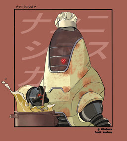 abstract_background ambiguous_gender chef chef_hat cjk_character clothing cooking cooking_pot food hat headgear headwear heart_symbol machine metallic_body not_furry rust simple_background solo soup stirring text wearing_hat ana6aena fallout microsoft takahashi_(fallout) humanoid protectron_(fallout) robot artist_name hi_res japanese_text