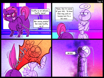 ambiguous_feral ambiguous_gender ambiguous_humanoid burn burning_alive clothed clothed_humanoid clothing ellipsis feral fire fire_from_ass hair noise_filter pink_hair pink_tail pooping purple_body red_eyes tail text young young_ambiguous young_feral spacefluff fluffy_pony fluffy_pony_(species) humanoid mammal 2022 4:3 comic digital_media_(artwork) english_text hi_res purple_theme
