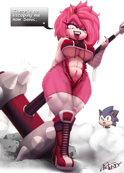 anthro bodily_fluids boots breasts clothed clothing dialogue duo excited fangs female footwear green_eyes hair hammer maul melee_weapon name_drop name_in_dialogue open_mouth pink_hair polygonal_speech_bubble pubes saliva scared sharp_teeth shoes speech_bubble sweat teeth text tongue tongue_out tools under_boob weapon picturd sega sonic_the_hedgehog_(series) sonic_unleashed amy_rose amy_rose_the_werehog sonic_the_hedgehog eulipotyphlan hedgehog mammal werecreature wereeulipotyphlan werehog 2020 absurd_res english_text hi_res