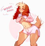 anthro bottomwear clothing crossgender dolphin_shorts excited femboy ftm_crossgender male shorts solo sound_effects text tokkot disney lady_and_the_tramp lady_(lady_and_the_tramp) canid canine canis domestic_dog mammal absurd_res hi_res watermark