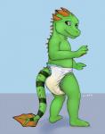 anthro blue_eyes bodily_fluids clothing dewlap_(anatomy) diaper furgonomics genital_fluids gular_flap horn looking_at_viewer looking_back male solo standing sub-tympanic_shield tail unclean_diaper urine used_diaper wet_diaper wetting young young_anthro lizab mythology kassrik dragon iguana iguanid lizard mythological_creature mythological_scalie reptile scalie 2015