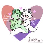 after_kiss anthro bisexual_pride_colors blush bodily_fluids chibi duo french_kissing green_body heart_symbol kissing lgbt_pride making_out male male/male pride_colors saliva saliva_string sitting_on_another text white_body sudonoun mynty_(mynty_paws) canid canine fox mammal 1:1