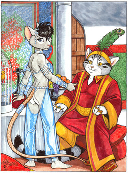 accessory anthro birdcage black_hair blue_eyes bracelet breasts butt clothing duo feather_accessory female food fruit fruit_bowl fur furgonomics grey_body grey_fur hair harem harem_clothing harem_jewelry harem_outfit harem_pants hat headgear headwear jewelry male nipples plant rat_tail ring ring_(jewelry) robe tail tail_accessory tail_jewelry tail_ring translucent translucent_clothing white_body white_fur yellow_eyes terrie_smith hunter_(schnookums) the_sultan_(schnookums) felid feline mammal murid murine rat rodent 2011