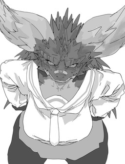 2_horns annoyed anthro anthrofied arms_bent asian_clothing bandage bandage_on_face bandage_on_nose big_breasts biped bodily_fluids bottomwear breasts clothed clothed_anthro clothed_female clothing collarbone east_asian_clothing eyelashes fangs female female_anthro front_view fully_clothed fully_clothed_anthro fully_clothed_female hand_on_hip horn japanese_clothing japanese_school_uniform leaning leaning_forward looking_at_viewer mouth_closed multicolored_body nervous nervous_sweat non-mammal_breasts scales school_uniform serafuku sharp_teeth shirt simple_background skirt solo spikes spikes_(anatomy) standing stare sweat teeth topwear two_tone_body uniform white_background meckmeck00124 capcom monster_hunter elder_dragon nergigante scalie 2025 absurd_res digital_media_(artwork) hi_res monochrome portrait three-quarter_portrait