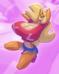 anthro big_breasts blonde_hair bottomwear breasts cleavage clothed clothing eyebrows female footwear green_eyes hair hair_over_eye hands_behind_head huge_breasts lipstick long_hair makeup midriff shirt shorts solo topwear bigdad activision crash_bandicoot_(series) tawna_bandicoot bandicoot mammal marsupial 2025