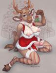 anthro antlers areola balls blue_eyes breasts christmas_tree clothed clothing erection fur garter_straps genitals gift gynomorph holidays hooves horn humanoid_genitalia humanoid_penis intersex kissing_bough legwear looking_at_viewer mistletoe neck_tuft nipple_slip nipples panties penis penis_poking_out plant solo stockings text tree tuft underwear chewycuticle christmas caribooty deer mammal new_world_deer reindeer 2016 digital_media_(artwork) shaded