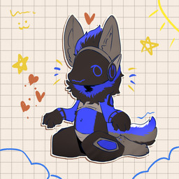 ambiguous_gender anthro black_body black_fur blue_body blue_fur ears_up fur grey_body grey_fur heart_symbol kneeling machine simple_background solo tail visor snoiifoxxo protogen 1:1 hi_res
