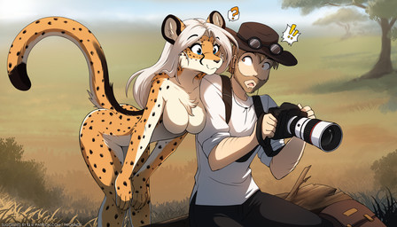 anthro bottomwear breasts clothed clothed_human clothed_male clothing countershade_torso countershading duo featureless_breasts female front_view fully_clothed fully_clothed_human fully_clothed_male fur male markings nude nude_anthro nude_female outside sitting spots spotted_body spotted_fur spotted_markings spotted_tail standing tail tail_markings topwear yellow_body yellow_fur yellow_tail conditional_dnp tom_fischbach cheetah felid feline human mammal 2025 digital_media_(artwork) hi_res