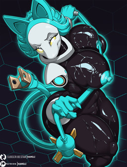 anthro areola big_breasts big_nipples black_body blue_areola blue_body blue_hair blue_nipples bodily_fluids breasts butt eyelashes female floating_hands genitals glistening glistening_breasts glistening_butt glistening_thighs hair holding_object holding_whip machine nipples nude short_hair shoulder_pads solo sweat sweaty_breasts sweaty_legs sweaty_thighs tail thick_thighs unusual_anatomy unusual_tail vulva whip white_body white_eyes wide_hips yellow_sclera hamili deltarune undertale_(series) tasque_manager darkner felid mammal robot robot_anthro hi_res