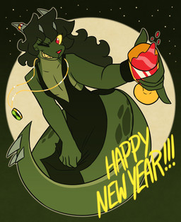 anthro beverage black_clothing black_dress clothing cocktail_dress container cup dress green_body green_hair hair holding_container holding_cup holding_object holidays horn horn_jewelry horn_ring jewelry looking_at_viewer male necklace one_eye_closed red_eyes ring_(jewelry) smile solo spiked_tail spikes spikes_(anatomy) spots tail teeth text yellow_sclera nerdyreindeer ben_10 cartoon_network new_year new_year_2026 khyber_(nerdyreindeer) kobold scalie 2026 hi_res