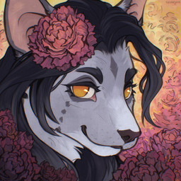 anthro black_eyebrows black_hair black_nose eyebrows eyelashes female flower fur grey_body grey_fur grey_hair hair long_eyelashes long_hair orange_background peony_(flower) pink_body pink_flower plant round_ears simple_background smile solo spots yellow_eyes tashiroth domestic_cat felid feline felis hybrid mammal mouse murid murine rodent 1:1 headshot_portrait hi_res icon portrait