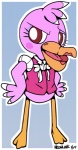 anthro beak beakstick biped clothing eyelashes feathers female furgonomics lipstick makeup open_mouth outline pattern_background pink_body pink_feathers red_eyes simple_background solo standing tongue neonlink animal_crossing nintendo phyllis_(animal_crossing) avian bird pelecaniform pelican