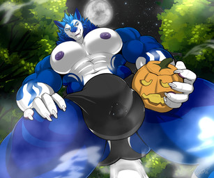 anthro big_bulge big_muscles biped blue_body bodily_fluids bulge clothing fog full_moon genital_fluids huge_bulge huge_muscles jack-o'-lantern macro male mane moon muscular muscular_anthro muscular_male precum precum_through_clothing precum_through_underwear solo underwear wet wet_clothing lunarxlycan vexedlupine lightwo sergei_(lightwo) sergal werecreature 6:5 hi_res