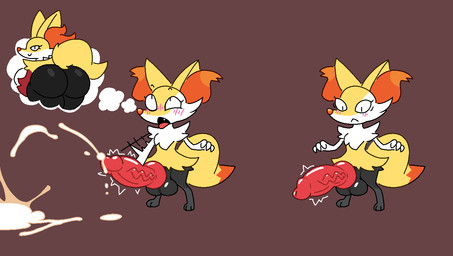 animal_genitalia animal_penis anthro balls big_balls big_butt big_penis blush blush_lines bodily_fluids butt canine_genitalia canine_penis cum digitigrade ejaculation excessive_cum excessive_genital_fluids eye_roll fangs fantasizing female genital_fluids genitals hand_on_penis huge_butt huge_penis knot knotted_penis looking_pleasured male masturbation penis solo standing teeth tongue tongue_out papagabu nintendo pokemon braixen delphox generation_6_pokemon pokemon_(species)