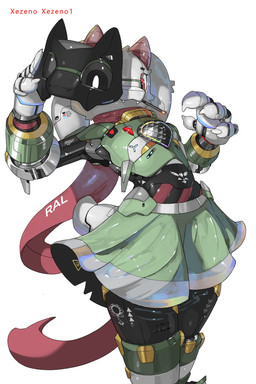 4_fingers anthro clothed clothing dress fingers heart_symbol machine male midriff red_eyes simple_background solo tail white_body xezeno deltarune undertale_(series) ralsei bovid caprine darkner goat mammal robot hi_res