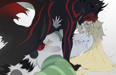 anthro balls black_body blonde_hair blue_eyes blush bodily_fluids breasts clothing duo erection female female_penetrated from_front_position fur genital_fluids genitals hair humanoid_genitalia humanoid_penis interspecies legwear long_hair lying male male/female male_penetrating markings missionary_position nipple_piercing nipples nude on_back open_mouth penetration penile penile_penetration penis piercing rough_sex saliva sex simple_background small_breasts smile spread_legs spreading stripes tail teeth thigh_highs tongue tongue_out vaginal vaginal_penetration vulva white_body white_fur crowlix xion_archaeus canid canine canis demon felid feline hybrid mammal wolf digital_media_(artwork) hi_res