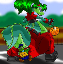 anthro ball basketball_(ball) big_butt butt clothing duo female green_body green_hair hair huge_butt hyper hyper_butt larger_female looking_back male outside rear_view red_clothing size_difference toony virus-20 alligator alligatorid crocodilian reptile scalie turtle 2006