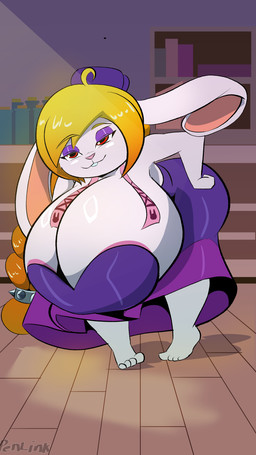 anthro areola areola_slip bedroom_eyes big_breasts blonde_hair breasts buckteeth cleavage clothed clothed_female clothing dress eyelashes eyeshadow female hair hat headgear headwear huge_breasts hyper hyper_breasts long_eyelashes looking_at_viewer makeup narrowed_eyes pink_areola purple_eyeshadow red_eyes seductive shortstack shortstack_female smile solo teeth white_body penlink mario_bros nintendo super_mario_odyssey broodal hariet_(mario) lagomorph leporid mammal rabbit 2025 9:16 digital_media_(artwork) hi_res