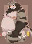 anthro arm_tuft balls belly big_belly big_butt bodily_fluids brown_body brown_fur brown_iris brown_stripes bulge butt cheek_tuft clothed clothing ear_tuft elbow_tuft erection facial_tuft fur genitals hair head_tuft inner_ear_fluff jockstrap jockstrap_only looking_at_viewer male markings moobs multicolored_body multicolored_fur neck_tuft nipples orange_nipples orange_nose overweight overweight_anthro overweight_male penis shoulder_tuft simple_background smile smirk solo striped_body striped_fur striped_markings striped_tail stripes tail tail_markings tan_body tan_fur teeth thick_thighs topless tuft underwear underwear_only wide_hips yellow_eyes lytolicario silver_thornfield domestic_cat felid feline felis maine_coon mammal 3:4 absurd_res hi_res