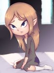 2022 blue_eyes child clothed clothing conoghi dress female footwear freckles hair hi_res humanoid humanoid_pointy_ears hylian mila_(tloz) nintendo not_furry socks solo the_legend_of_zelda wind_waker young young_female young_humanoid