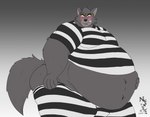 anthro belly big_belly blush clenched_teeth clothing fangs fur hand_on_belly ill_fitting_clothing male morbidly_obese navel obese obese_anthro obese_male overweight overweight_anthro overweight_male pattern_clothing pulling_up_pants solo striped_clothing stripes tail teeth yellow_eyes zangokunatenshi disney robin_hood_(disney) sheriff_of_nottingham canid canine canis mammal wolf 2022 signature