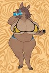 abstract_background anthro big_breasts bikini bikini_top bottle bottomwear breasts brown_body brown_fur brown_hair caution_sign clothing container daisy_dukes denim denim_bottomwear denim_clothing denim_shorts dewclaw_hooves female freckled_breasts freckled_shoulders freckles front_view fur hair hair_over_eyes hooves hotpants huge_breasts shorts simple_background slightly_chubby slightly_chubby_anthro slightly_chubby_female swimwear thick_thighs two-piece_swimsuit wide_hips yellow_background wonderslug laura_(lluxuriouslaura) camelid llama mammal artist_name full-length_portrait hi_res portrait