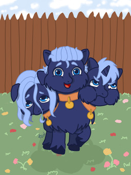 1_horn 3_heads ambiguous_feral ambiguous_gender angry black_hooves blue_eyebrows blue_eyes blue_hair cloud collar day eyebrows fence feral flower fur garden grass hair happy hooves horn looking_at_viewer looking_up mouth_closed multi_head open_mouth orange_collar outside plant purple_body purple_fur scared sky standing young young_ambiguous young_feral bananawaifu european_mythology fluffy_pony greek_mythology mythology canid canid_demon canine cerberus demon fluffy_pony_(species) hellhound hybrid mammal mythological_canine mythological_creature 2025 3:4 digital_media_(artwork) hi_res shaded