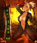 big_breasts bodily_fluids breasts cleavage clothed clothing coveralls female fire hair human_only melee_weapon not_furry open_clothing open_shirt open_topwear shirt skimpy solo sweat sword topwear under_boob weapon white_hair zipper instantip league_of_legends riot_games tencent riven_(lol) human mammal 2012 grandfathered_content hi_res orange_theme