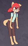 3_toes anthro barefoot blush bottomwear braces claws clothed clothing collared_shirt dress_shirt embarrassed eyewear feet female fur glasses hair nerd nerdification orange_eyes pants paws ponytail red_hair shirt simple_background solo suspenders toes topwear bullyableshiba ellie_rinette canid canine canis domestic_dog mammal shiba_inu spitz 2022 digital_media_(artwork)