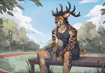 anthro antlers bench bottle bottomwear brown_body brown_fur chest_tuft clothing cloud container fur grass hair holding_bottle holding_container holding_object holding_water_bottle horn inner_ear_fluff male on_bench orange_eyes outside plant running_track shirt short_tail shorts sitting sitting_on_bench solo spots tail tank_top topwear tree tuft water_bottle whiskers stira cheetah felid feline mammal 2026 digital_media_(artwork) hi_res portrait three-quarter_portrait