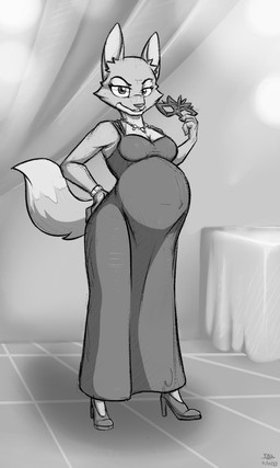 anthro belly big_belly bracelet clothing curtains dipstick_tail dress eyebrow_piercing facial_piercing female footwear fur furniture grin high_heels holding_mask jewelry looking_at_viewer markings mask masquerade masquerade_mask navel_outline necklace piercing pregnant pregnant_female shoes smile solo table tablecloth tail tail_markings zacharycreed220 dreamworks the_bad_guys diane_foxington canid canine fox mammal 2023 absurd_res dated digital_drawing_(artwork) digital_media_(artwork) hi_res monochrome signature