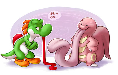 ambiguous_gender anthro big_head clothing comparing crossed_arms duo ellipsis eyes_closed footwear green_body green_scales humor long_tail long_tongue pink_body pink_skin scales shoes tail tailbutt tapering_tail text thick_tail tongue tongue_out wide_crotch orlandofox cc-by-nc-nd creative_commons mario_bros nintendo pokemon dinosaur generation_1_pokemon green_yoshi lickitung pokemon_(species) prehistoric_species reptile scalie yoshi 2014 crossover english_text hi_res